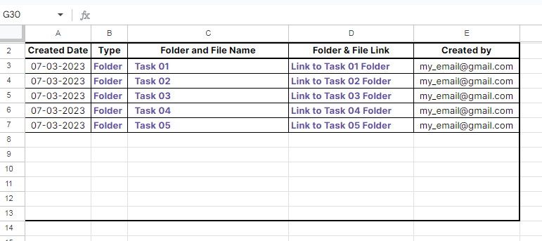 Mode 04 - Auto create folder and files add-ons - output in Google Sheets