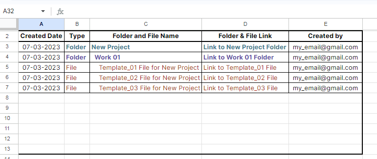 Mode 03 - Auto create folder and files add-ons - output in Google Sheets