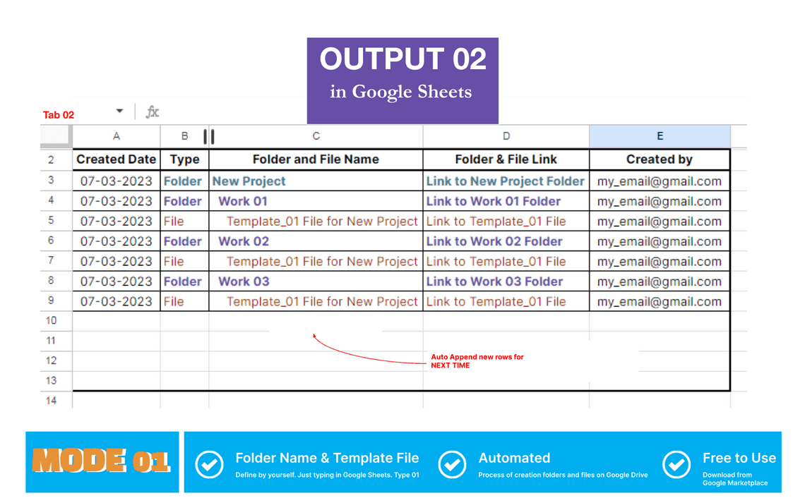 Mode 01 - Auto create folder and files add-ons - Output in Google Sheets